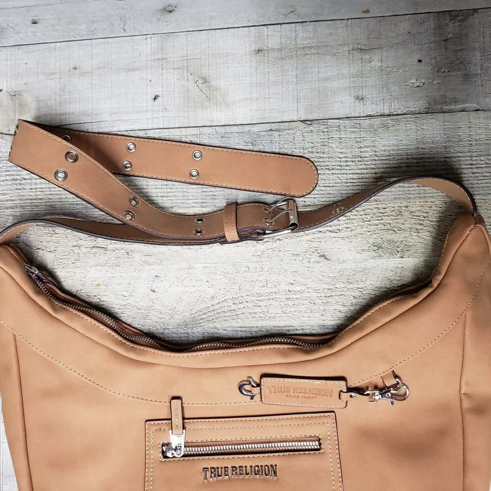 TRUE RELIGION Purse Bag Suede Hobo Crossbody Tan Adjustable Strap Zip Top NEW